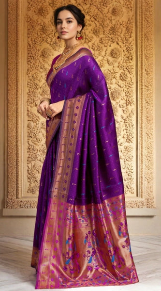 Mayawye Women's Silk Blend Zari Woven Saree With Unstitched Blouse 5.5Mtr (Purple)