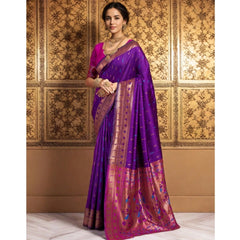 Mayawye Women's Silk Blend Zari Woven Saree With Unstitched Blouse 5.5Mtr (Purple)