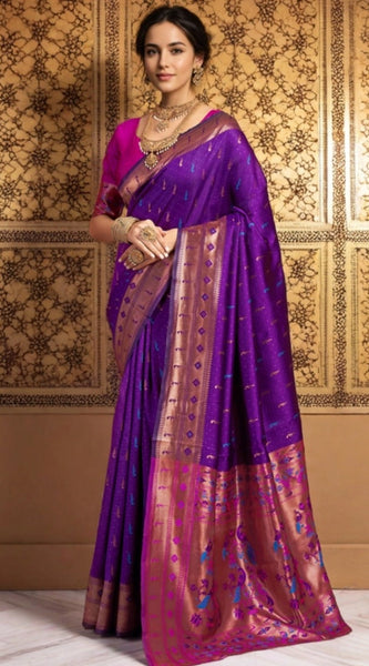 Mayawye Women's Silk Blend Zari Woven Saree With Unstitched Blouse 5.5Mtr (Purple)
