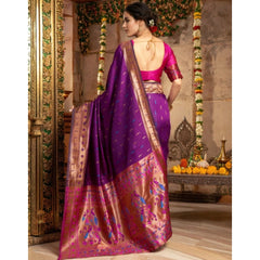 Mayawye Women's Silk Blend Zari Woven Saree With Unstitched Blouse 5.5Mtr (Purple)