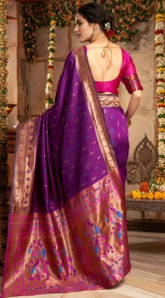 Mayawye Women's Silk Blend Zari Woven Saree With Unstitched Blouse 5.5Mtr (Purple)