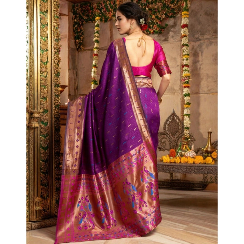 Mayawye Women's Silk Blend Zari Woven Saree With Unstitched Blouse 5.5Mtr (Purple)