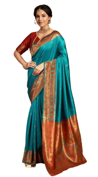 Mayawye Women's Silk Blend Zari Woven Saree With Unstitched Blouse 5.5Mtr (Rama)