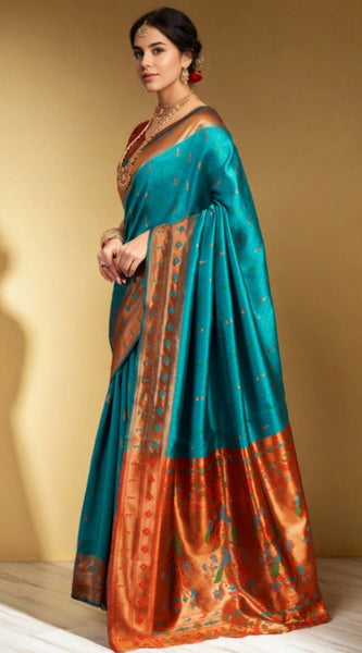 Mayawye Women's Silk Blend Zari Woven Saree With Unstitched Blouse 5.5Mtr (Rama)