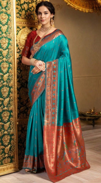 Mayawye Women's Silk Blend Zari Woven Saree With Unstitched Blouse 5.5Mtr (Rama)