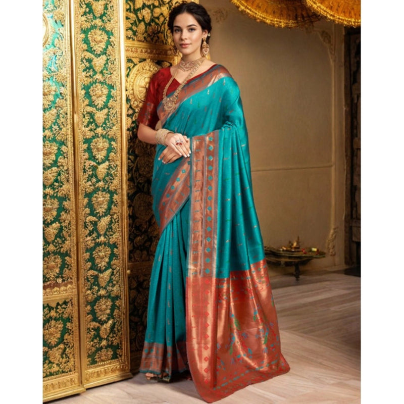 Mayawye Women's Silk Blend Zari Woven Saree With Unstitched Blouse 5.5Mtr (Rama)