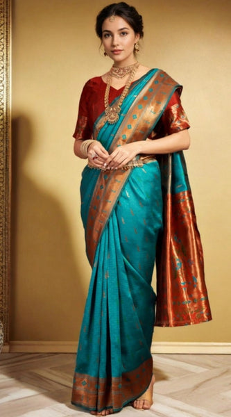 Mayawye Women's Silk Blend Zari Woven Saree With Unstitched Blouse 5.5Mtr (Rama)