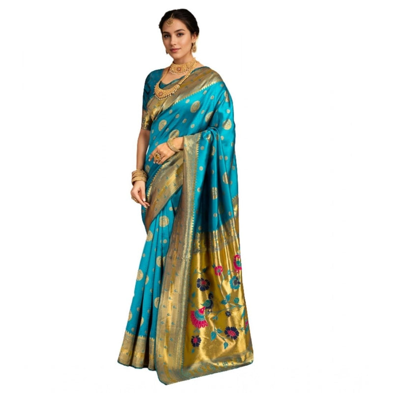 Mayawye Women's Silk Blend Paithani Saree With Unstitched Blouse 5.5Mtr (Rama)