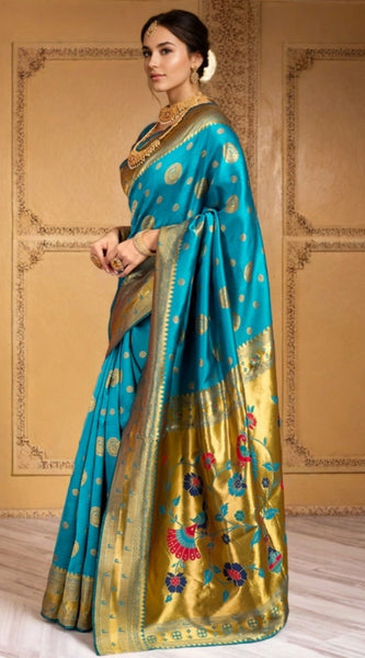 Mayawye Women's Silk Blend Paithani Saree With Unstitched Blouse 5.5Mtr (Rama)