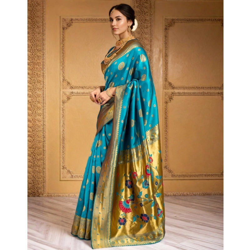 Mayawye Women's Silk Blend Paithani Saree With Unstitched Blouse 5.5Mtr (Rama)
