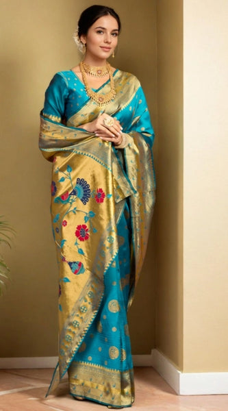 Mayawye Women's Silk Blend Paithani Saree With Unstitched Blouse 5.5Mtr (Rama)