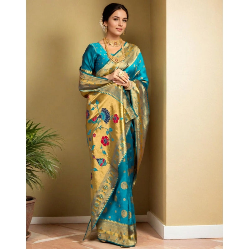 Mayawye Women's Silk Blend Paithani Saree With Unstitched Blouse 5.5Mtr (Rama)