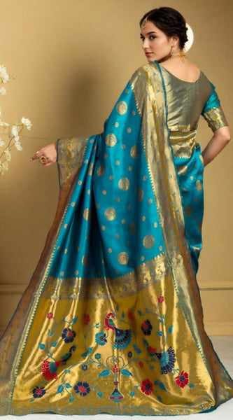 Mayawye Women's Silk Blend Paithani Saree With Unstitched Blouse 5.5Mtr (Rama)