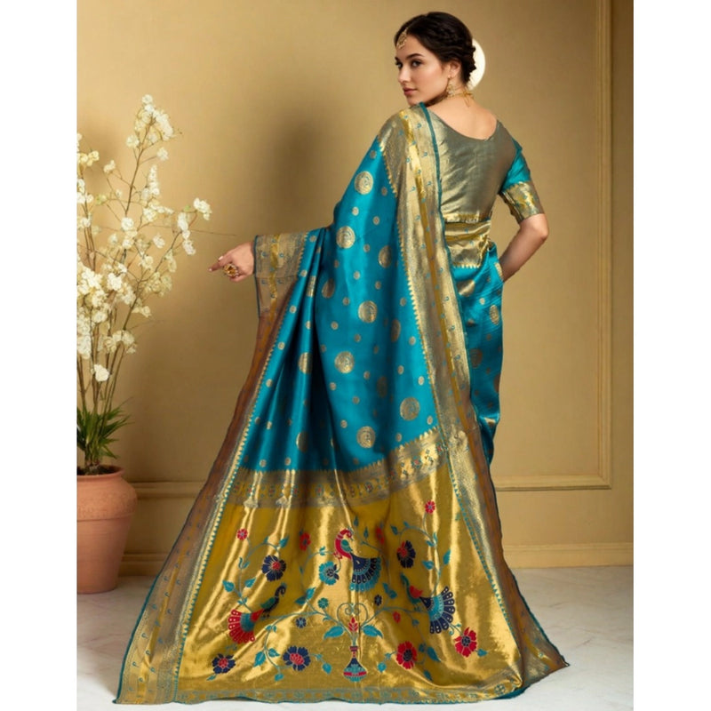 Mayawye Women's Silk Blend Paithani Saree With Unstitched Blouse 5.5Mtr (Rama)