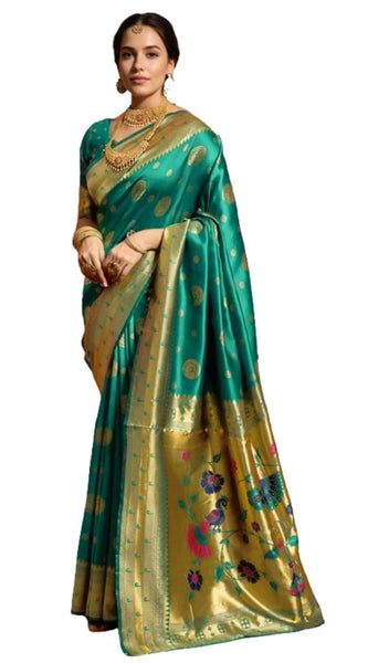 Mayawye Women's Silk Blend Paithani Saree With Unstitched Blouse 5.5Mtr (Green)