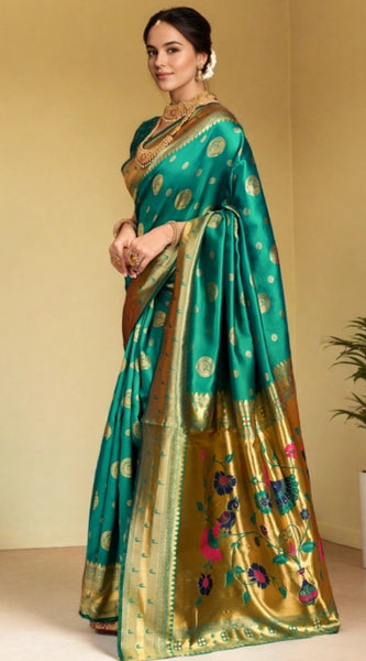 Mayawye Women's Silk Blend Paithani Saree With Unstitched Blouse 5.5Mtr (Green)