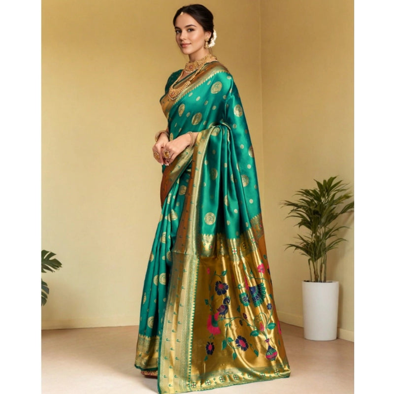 Mayawye Women's Silk Blend Paithani Saree With Unstitched Blouse 5.5Mtr (Green)