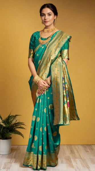 Mayawye Women's Silk Blend Paithani Saree With Unstitched Blouse 5.5Mtr (Green)