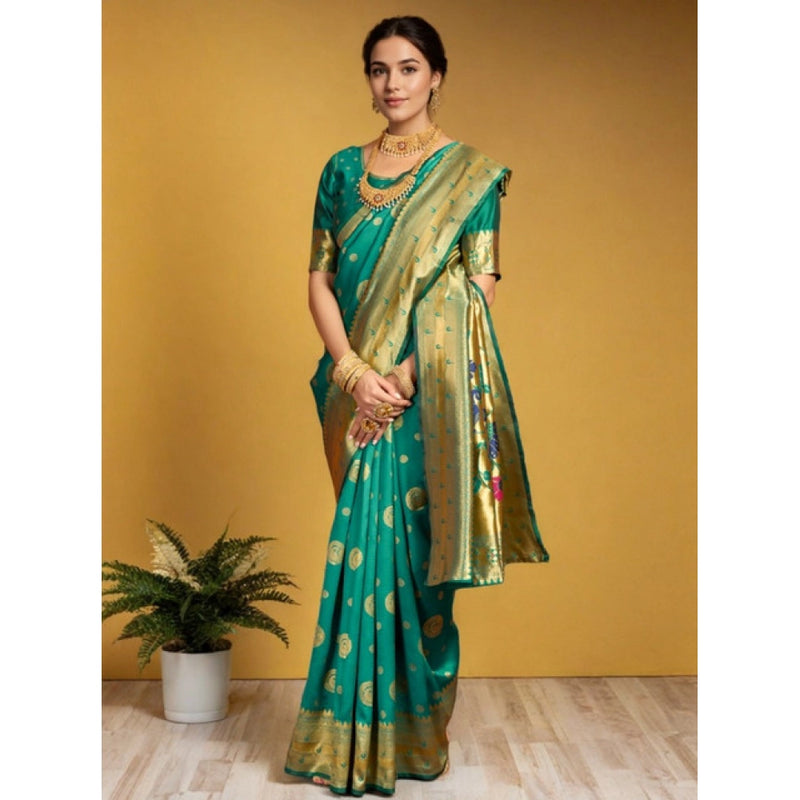 Mayawye Women's Silk Blend Paithani Saree With Unstitched Blouse 5.5Mtr (Green)