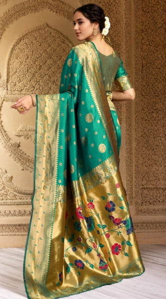 Mayawye Women's Silk Blend Paithani Saree With Unstitched Blouse 5.5Mtr (Green)
