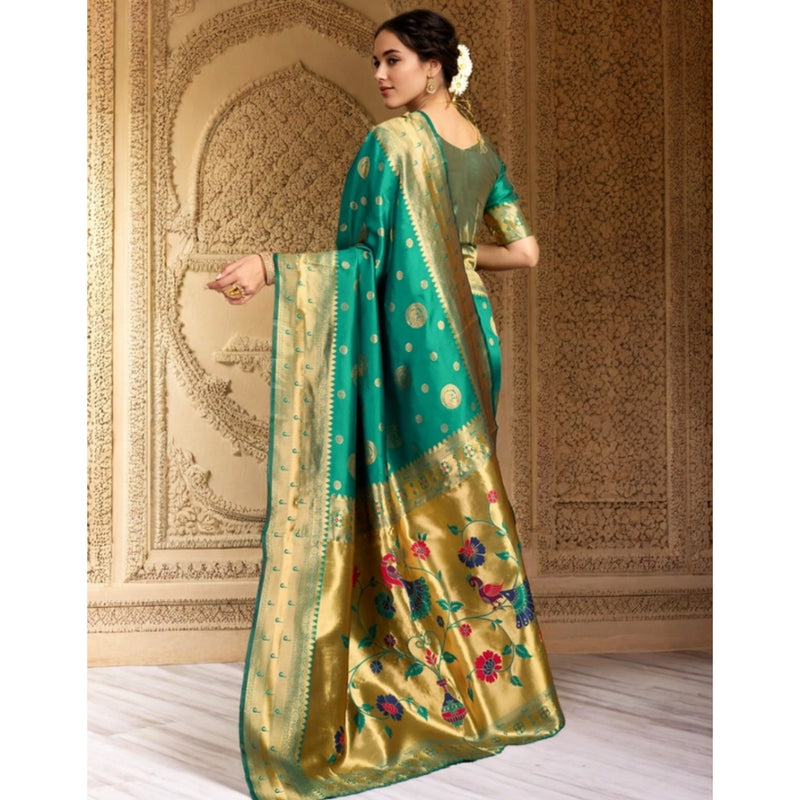 Mayawye Women's Silk Blend Paithani Saree With Unstitched Blouse 5.5Mtr (Green)