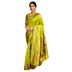 Mayawye Women's Silk Blend Paithani Saree With Unstitched Blouse 5.5Mtr (Lime Green)
