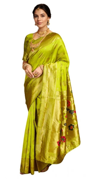 Mayawye Women's Silk Blend Paithani Saree With Unstitched Blouse 5.5Mtr (Lime Green)