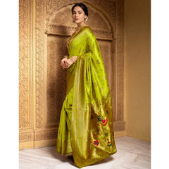 Mayawye Women's Silk Blend Paithani Saree With Unstitched Blouse 5.5Mtr (Lime Green)