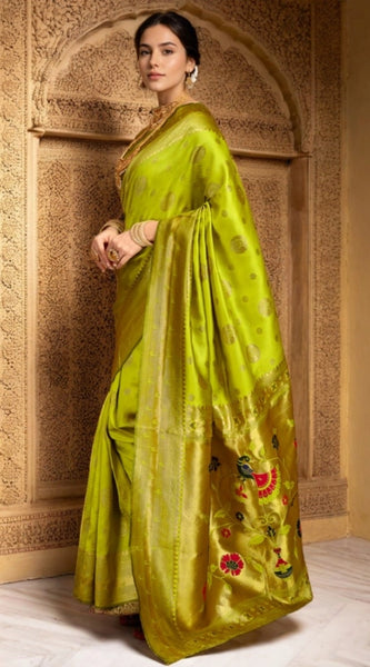 Mayawye Women's Silk Blend Paithani Saree With Unstitched Blouse 5.5Mtr (Lime Green)