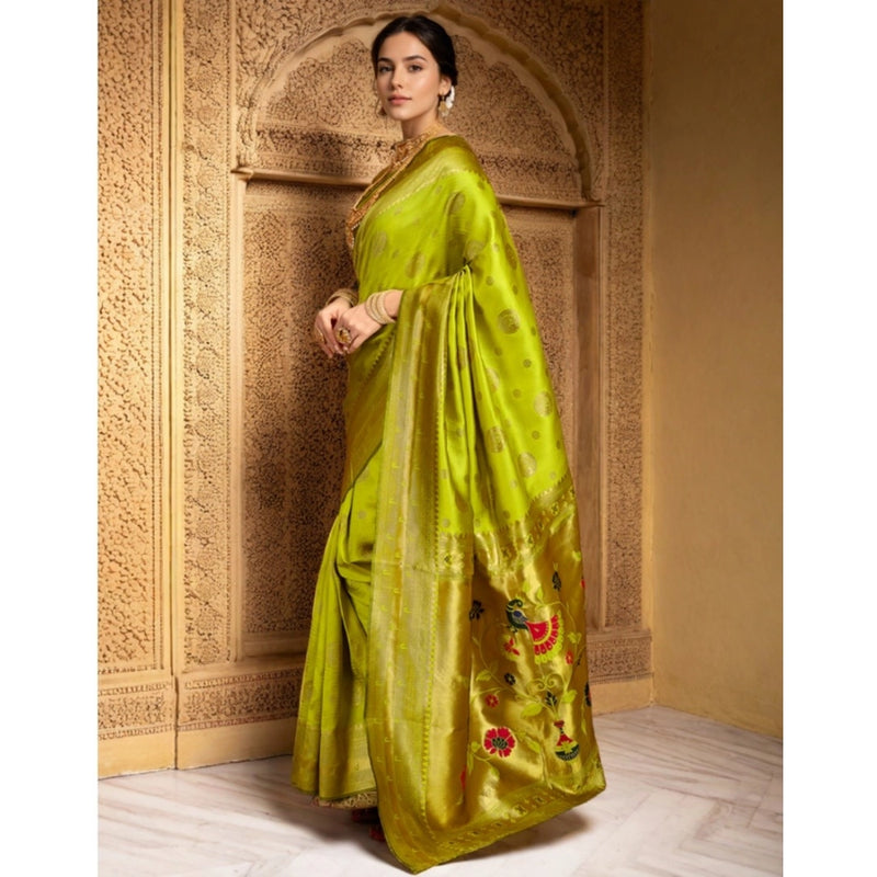 Mayawye Women's Silk Blend Paithani Saree With Unstitched Blouse 5.5Mtr (Lime Green)