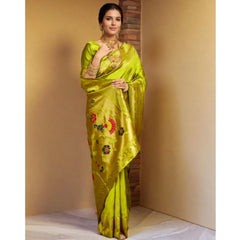 Mayawye Women's Silk Blend Paithani Saree With Unstitched Blouse 5.5Mtr (Lime Green)