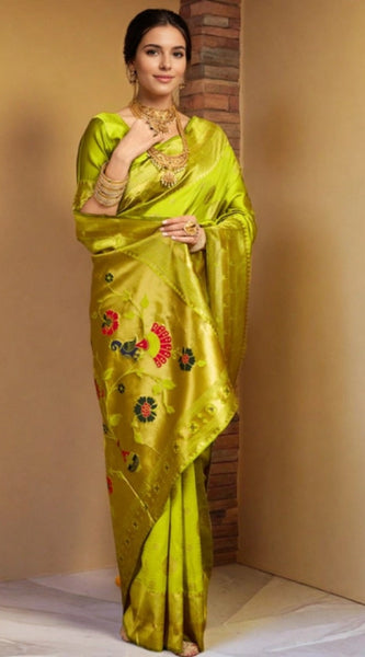 Mayawye Women's Silk Blend Paithani Saree With Unstitched Blouse 5.5Mtr (Lime Green)