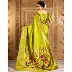 Mayawye Women's Silk Blend Paithani Saree With Unstitched Blouse 5.5Mtr (Lime Green)