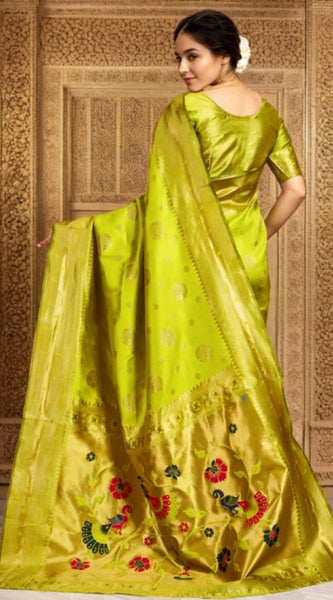 Mayawye Women's Silk Blend Paithani Saree With Unstitched Blouse 5.5Mtr (Lime Green)