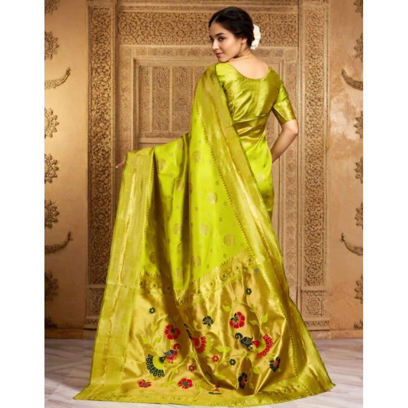 Mayawye Women's Silk Blend Paithani Saree With Unstitched Blouse 5.5Mtr (Lime Green)