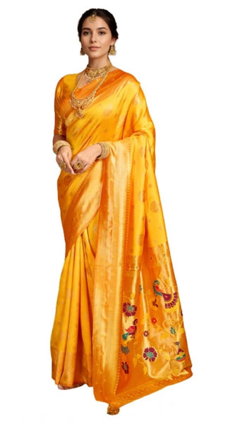Mayawye Women's Silk Blend Paithani Saree With Unstitched Blouse 5.5Mtr (Mustard)