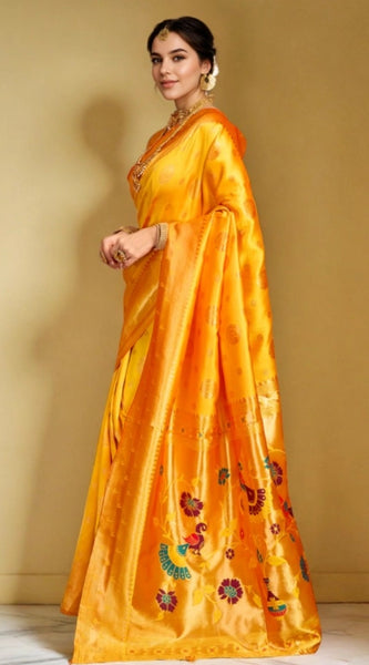 Mayawye Women's Silk Blend Paithani Saree With Unstitched Blouse 5.5Mtr (Mustard)