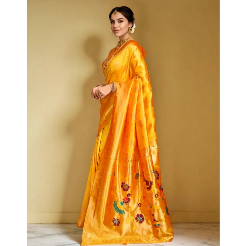 Mayawye Women's Silk Blend Paithani Saree With Unstitched Blouse 5.5Mtr (Mustard)