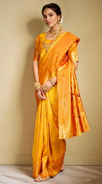 Mayawye Women's Silk Blend Paithani Saree With Unstitched Blouse 5.5Mtr (Mustard)