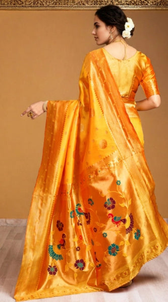 Mayawye Women's Silk Blend Paithani Saree With Unstitched Blouse 5.5Mtr (Mustard)
