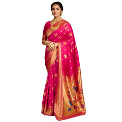 Mayawye Women's Silk Blend Paithani Saree With Unstitched Blouse 5.5Mtr (Pink)