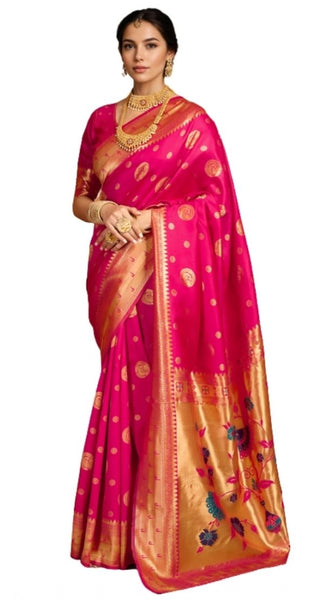 Mayawye Women's Silk Blend Paithani Saree With Unstitched Blouse 5.5Mtr (Pink)