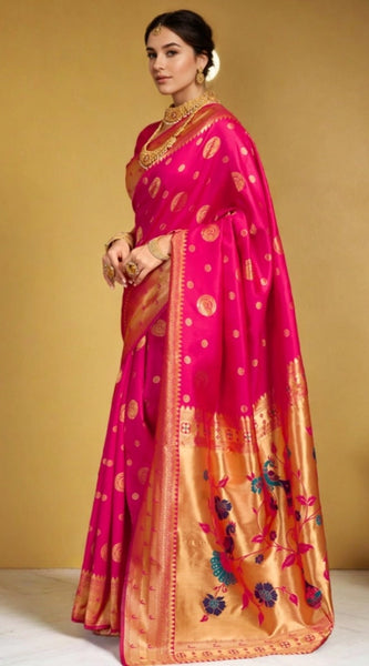 Mayawye Women's Silk Blend Paithani Saree With Unstitched Blouse 5.5Mtr (Pink)