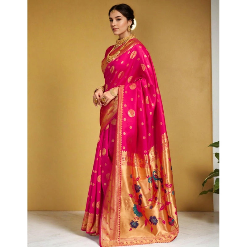 Mayawye Women's Silk Blend Paithani Saree With Unstitched Blouse 5.5Mtr (Pink)