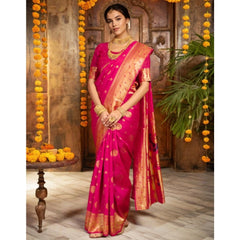 Mayawye Women's Silk Blend Paithani Saree With Unstitched Blouse 5.5Mtr (Pink)