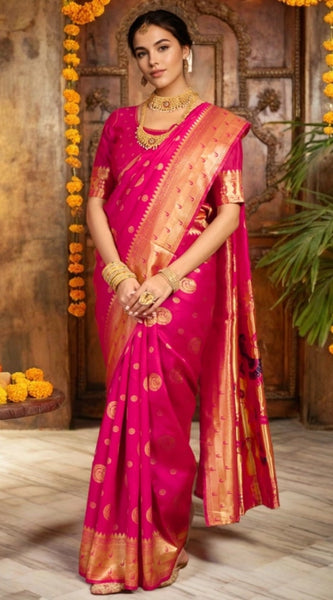 Mayawye Women's Silk Blend Paithani Saree With Unstitched Blouse 5.5Mtr (Pink)