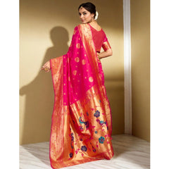 Mayawye Women's Silk Blend Paithani Saree With Unstitched Blouse 5.5Mtr (Pink)