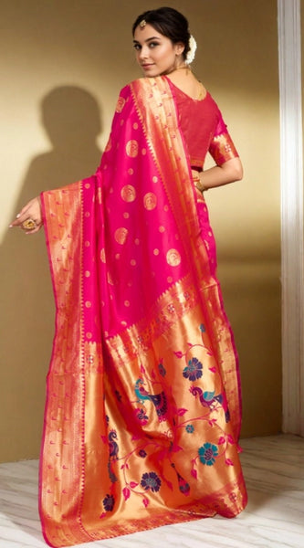 Mayawye Women's Silk Blend Paithani Saree With Unstitched Blouse 5.5Mtr (Pink)