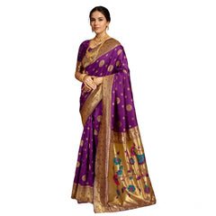 Mayawye Women's Silk Blend Paithani Saree With Unstitched Blouse 5.5Mtr (Purple)