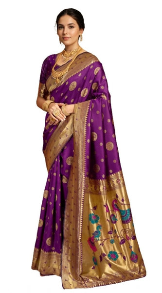 Mayawye Women's Silk Blend Paithani Saree With Unstitched Blouse 5.5Mtr (Purple)